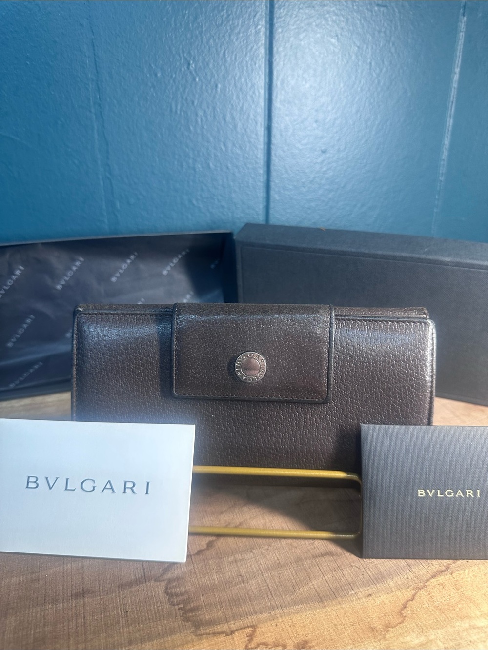 Bvlgari Brown Pebbled Leather Continental Wallet Long Bifold Italy Authentic